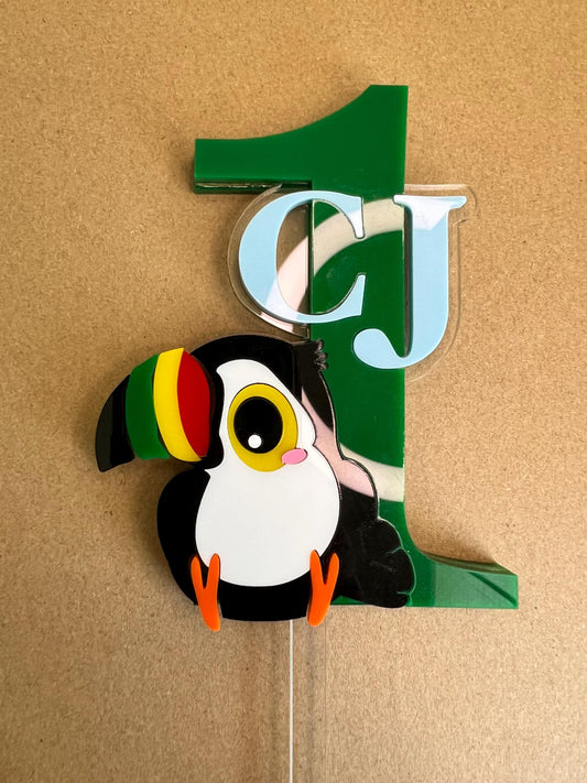 Custom Toucan Cake Topper Personalized First Birthday Cake Topper Tropical Theme Cake Topper Baby Photo Prop Colorful Topper One Year Old