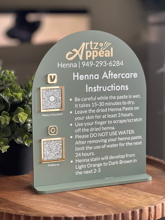 Custom Henna Aftercare Sign with Two QR Codes & Logo
