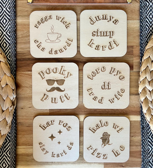 Punjabi & Gen Z Slang Engraved Wooden Coasters