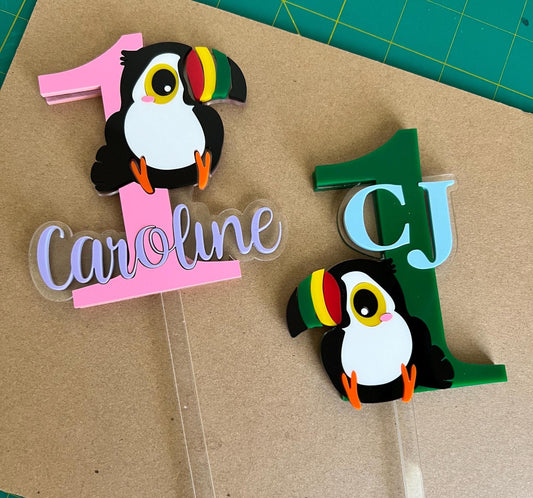 Custom Toucan Cake Topper Personalized First Birthday Cake Topper Tropical Theme Cake Topper Baby Photo Prop Colorful Topper One Year Old