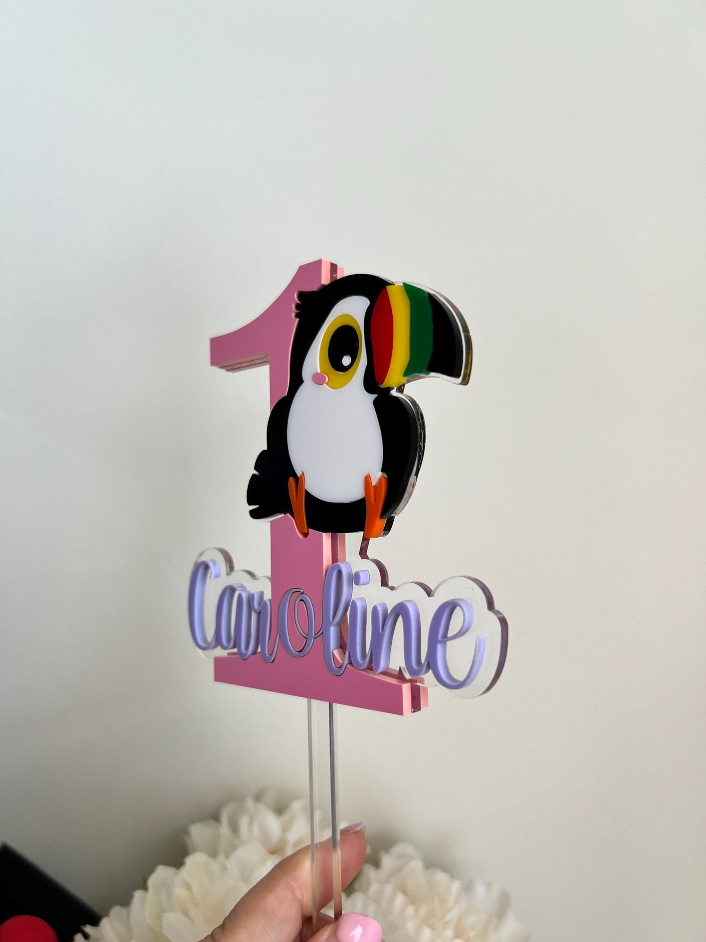 Custom Toucan Cake Topper Personalized First Birthday Cake Topper Tropical Theme Cake Topper Baby Photo Prop Colorful Topper One Year Old