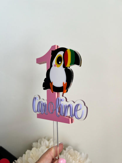Custom Toucan Cake Topper Personalized First Birthday Cake Topper Tropical Theme Cake Topper Baby Photo Prop Colorful Topper One Year Old