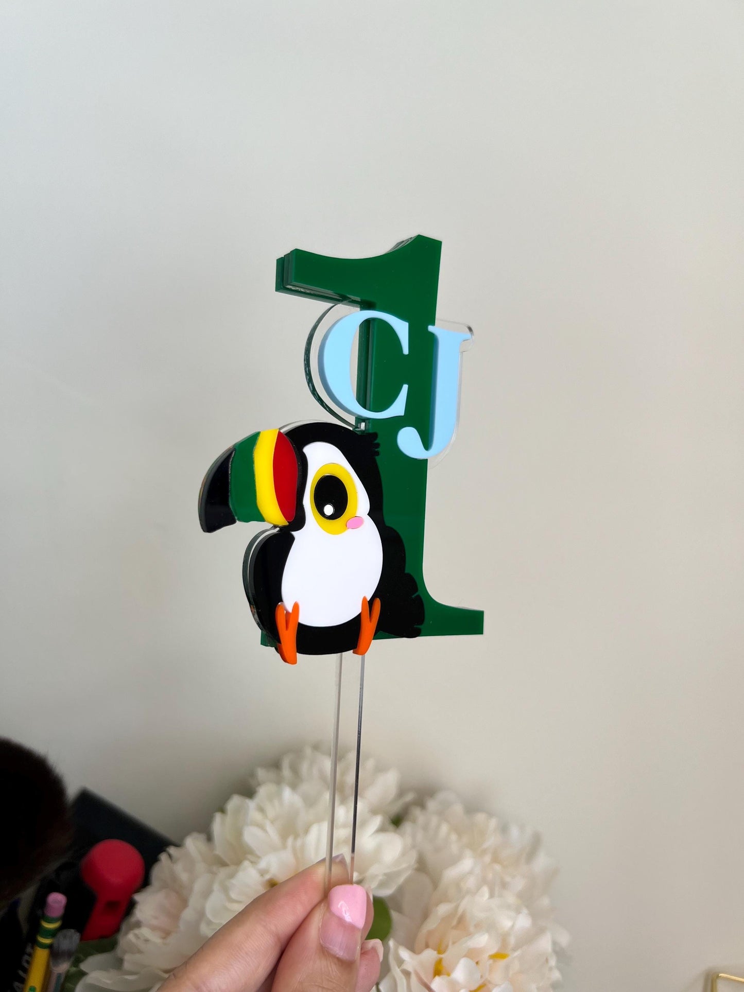 Custom Toucan Cake Topper Personalized First Birthday Cake Topper Tropical Theme Cake Topper Baby Photo Prop Colorful Topper One Year Old