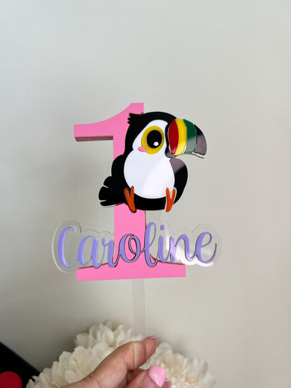 Custom Toucan Cake Topper Personalized First Birthday Cake Topper Tropical Theme Cake Topper Baby Photo Prop Colorful Topper One Year Old