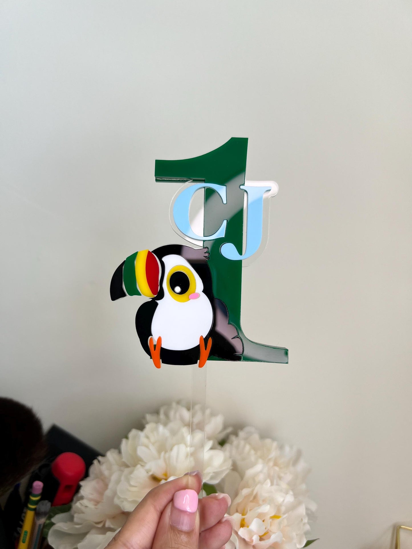 Custom Toucan Cake Topper Personalized First Birthday Cake Topper Tropical Theme Cake Topper Baby Photo Prop Colorful Topper One Year Old