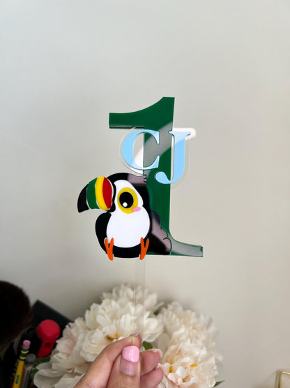 Custom Toucan Cake Topper Personalized First Birthday Cake Topper Tropical Theme Cake Topper Baby Photo Prop Colorful Topper One Year Old