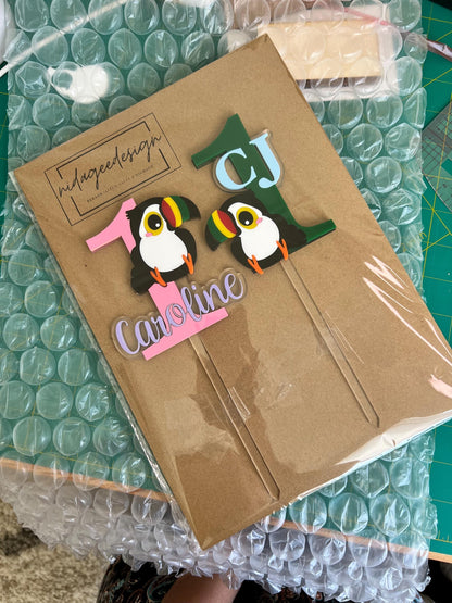 Custom Toucan Cake Topper Personalized First Birthday Cake Topper Tropical Theme Cake Topper Baby Photo Prop Colorful Topper One Year Old