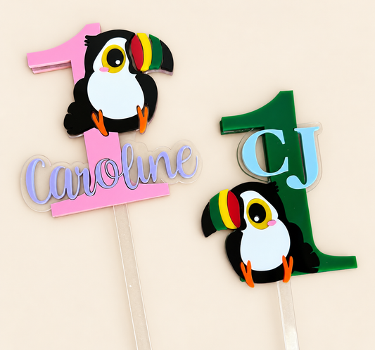 Personalized Toucan First Birthday Acrylic Cake Topper