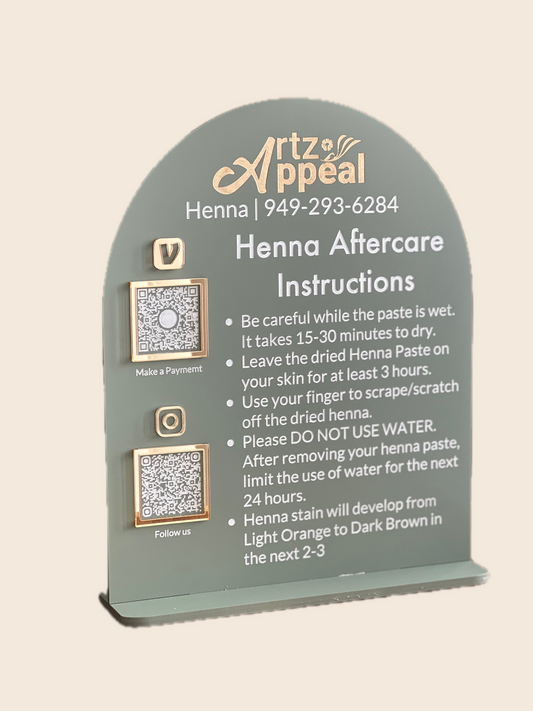 Custom Henna Aftercare Sign with Two QR Codes & Logo