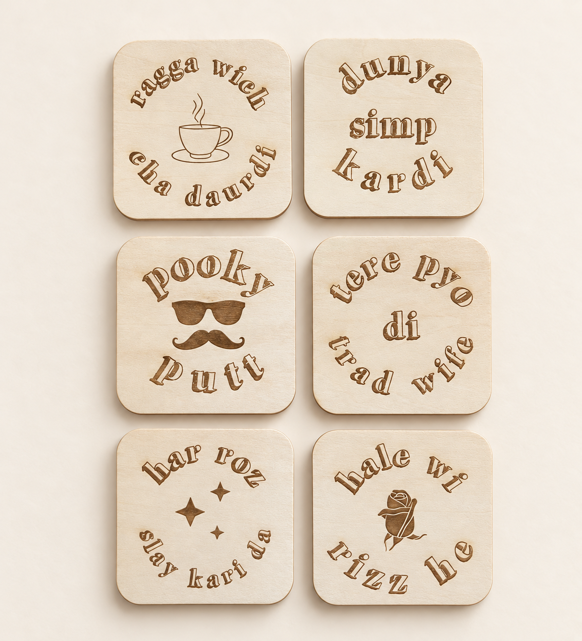 Punjabi & Gen Z Slang Engraved Wooden Coasters