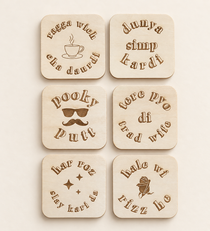Punjabi & Gen Z Slang Engraved Wooden Coasters