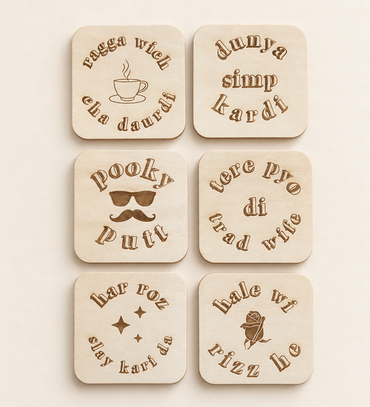 Punjabi & Gen Z Slang Engraved Wooden Coasters
